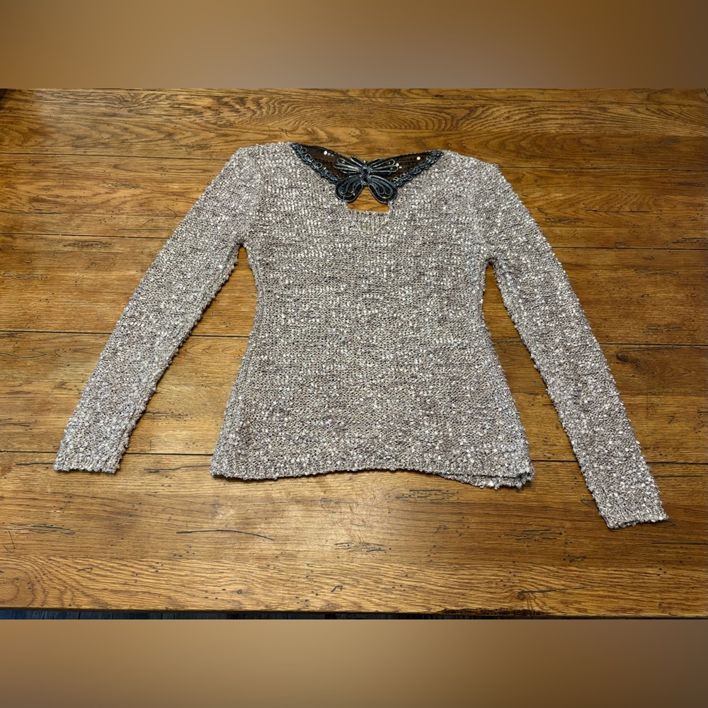 Whimsical Metallic Thred Mushroom Tan Sweater w/Black Butterfly Embellishment